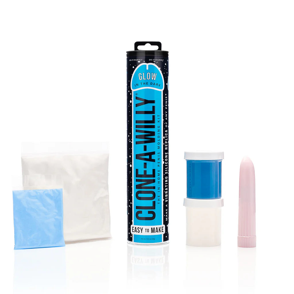 Clone-A-Willy product set with packaging, blue gel, and applicator on a white background