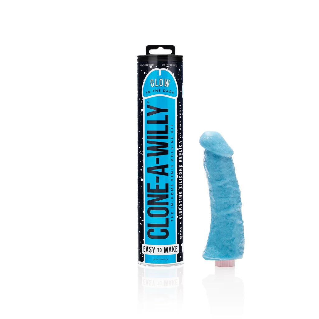 Clone-A-Willy product set with packaging, blue gel, and applicator on a white background