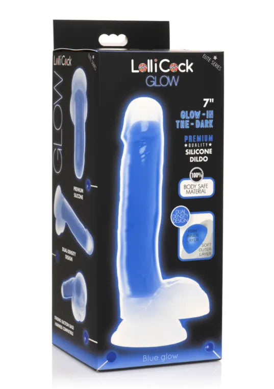 LOLLICOCK 7" GLOW-IN-THE-DARK SILICONE DILDO W/ BALLS BLUE - Take A Peek