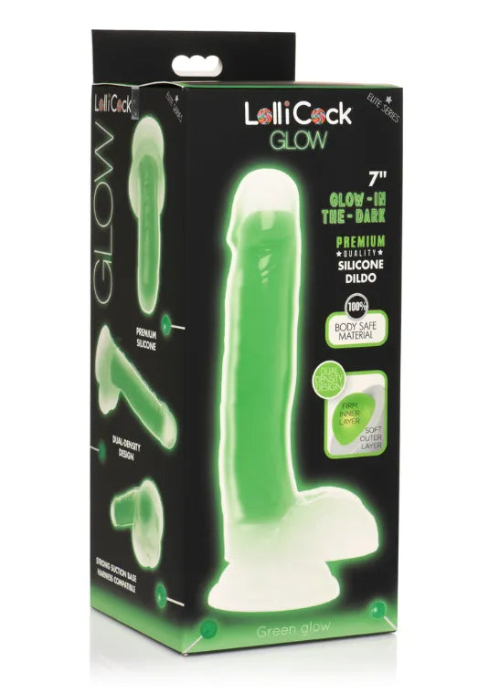 LOLLICOCK 7" GLOW-IN-THE-DARK SILICONE DILDO W/ BALLS GREEN - Take A Peek