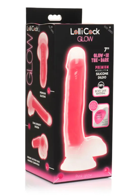 LOLLICOCK 7" GLOW-IN-THE-DARK SILICONE DILDO W/ BALLS PINK - Take A Peek