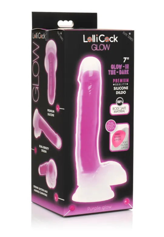LOLLICOCK 7" GLOW-IN-THE-DARK SILICONE DILDO W/ BALLS PURPLE - Take A Peek