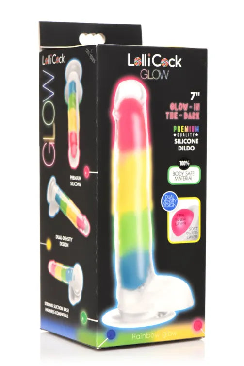 Lollicock 7" Glow- in- the- Dark Rainbow Silicone Dildo w/ Balls Rainbow - Take A Peek