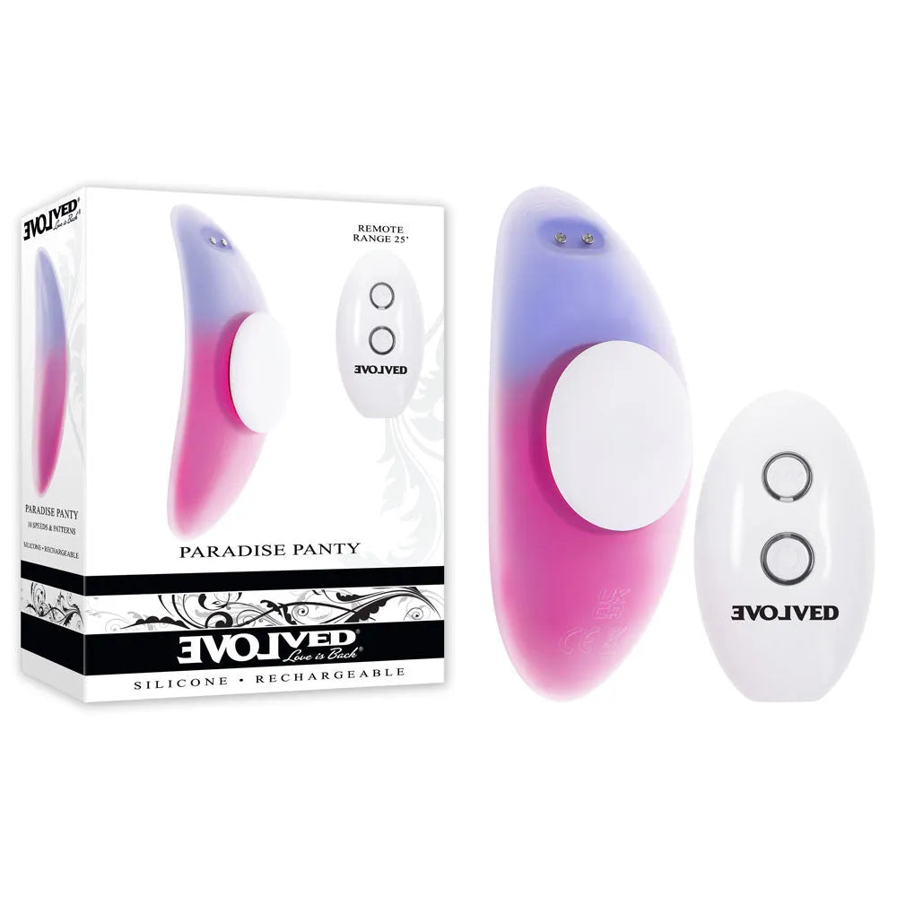 Evolved PARADISE PANTY - Pink/Purple USB Rechargeable Panty Vibrator with Remote Control - Take A Peek