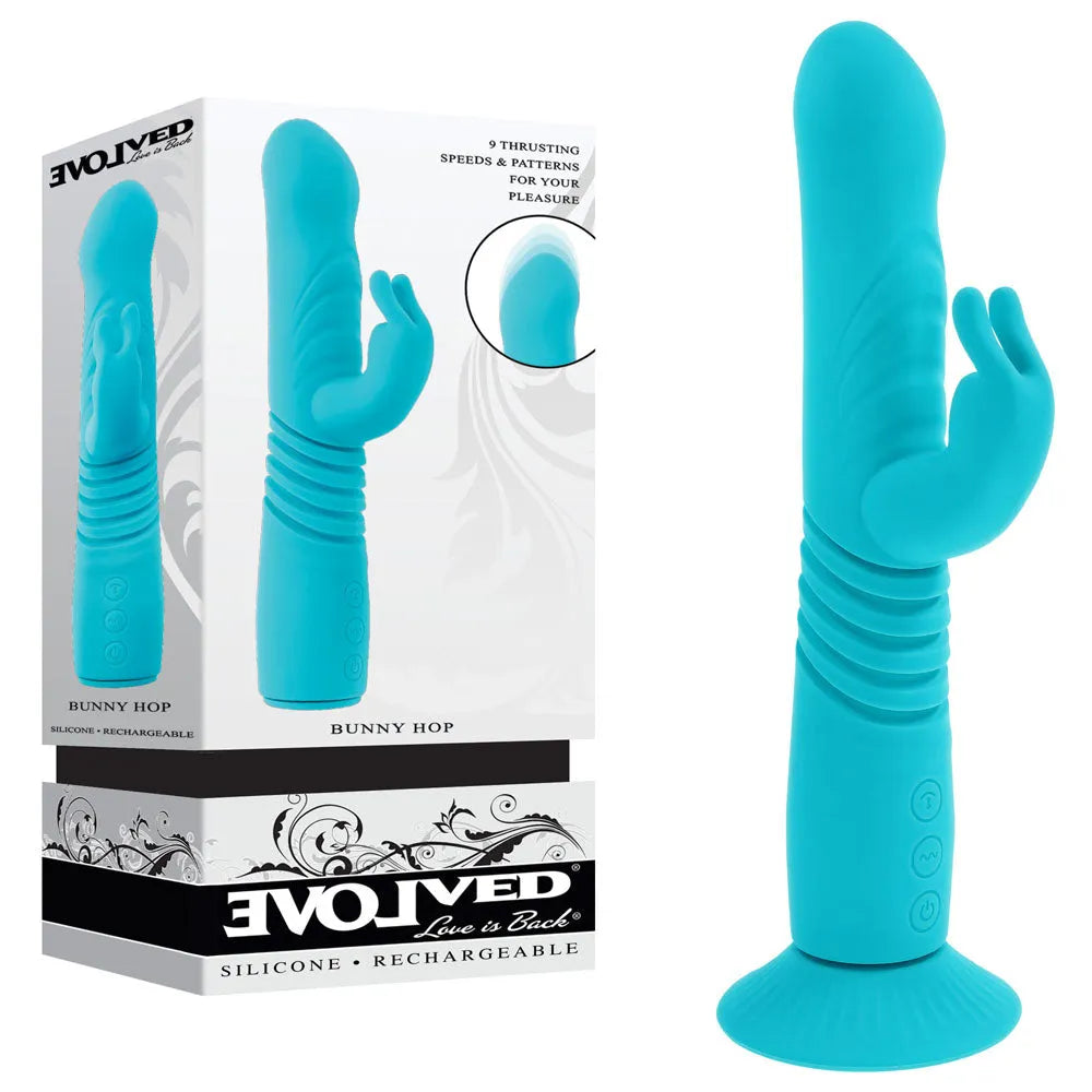 Evolved BUNNY HOP - Teal 25.1 cm USB Rechargeable Thrusting Rabbit Vibrator with Suction Base - Take A Peek