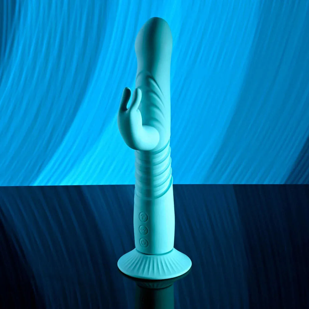 Evolved BUNNY HOP - Teal 25.1 cm USB Rechargeable Thrusting Rabbit Vibrator with Suction Base - Take A Peek