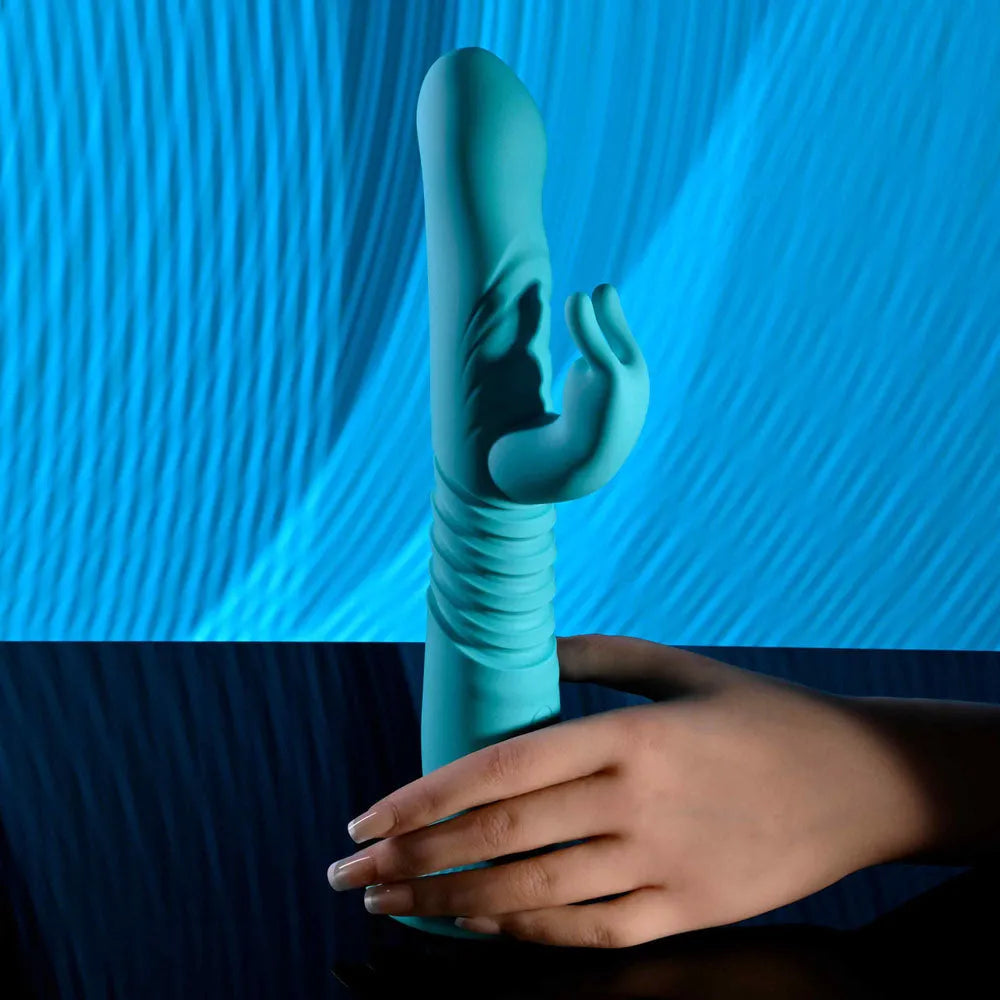 Evolved BUNNY HOP - Teal 25.1 cm USB Rechargeable Thrusting Rabbit Vibrator with Suction Base - Take A Peek