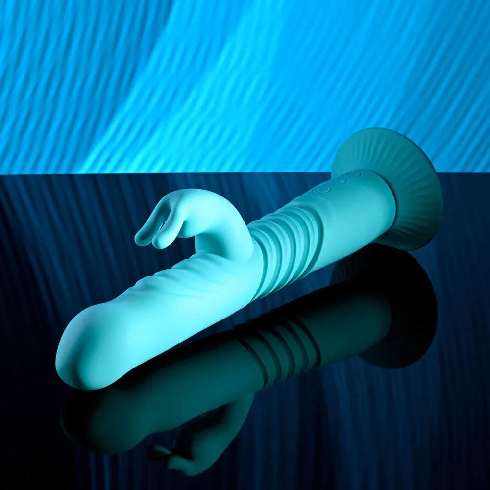 Evolved BUNNY HOP - Teal 25.1 cm USB Rechargeable Thrusting Rabbit Vibrator with Suction Base - Take A Peek