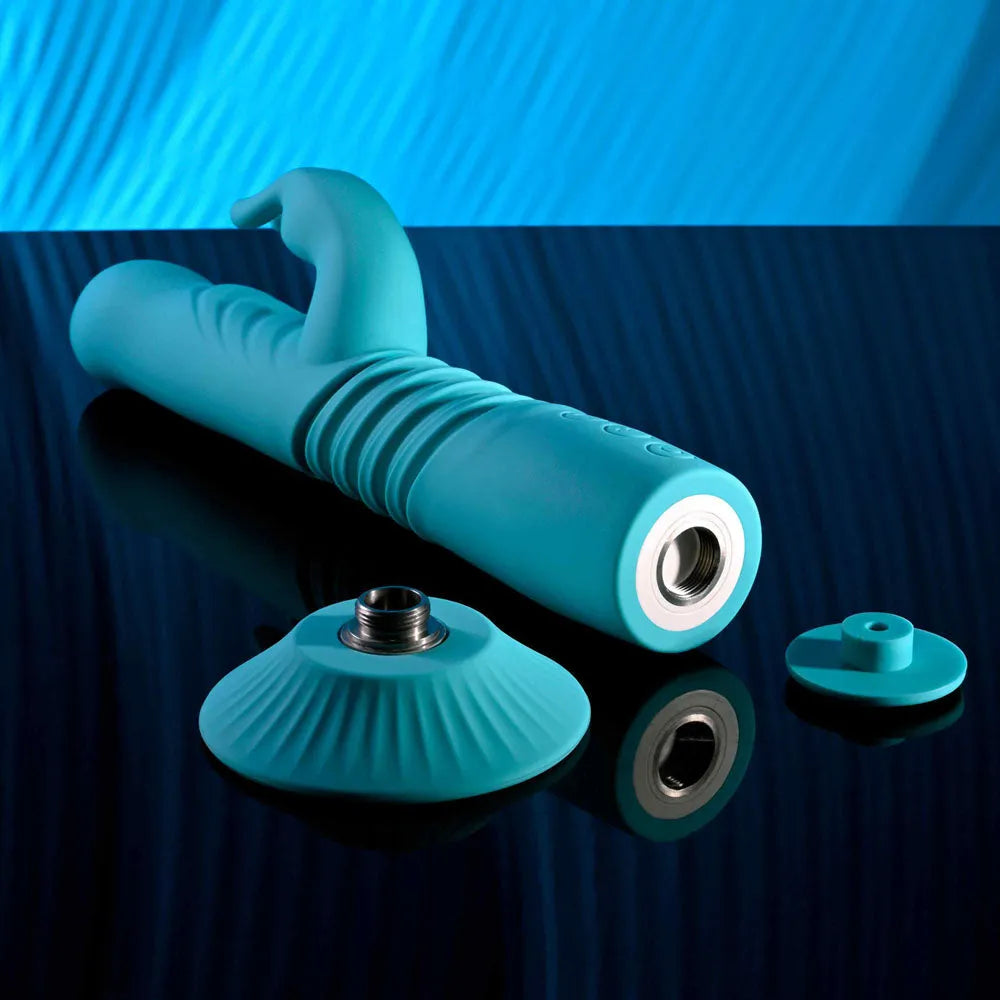 Evolved BUNNY HOP - Teal 25.1 cm USB Rechargeable Thrusting Rabbit Vibrator with Suction Base - Take A Peek