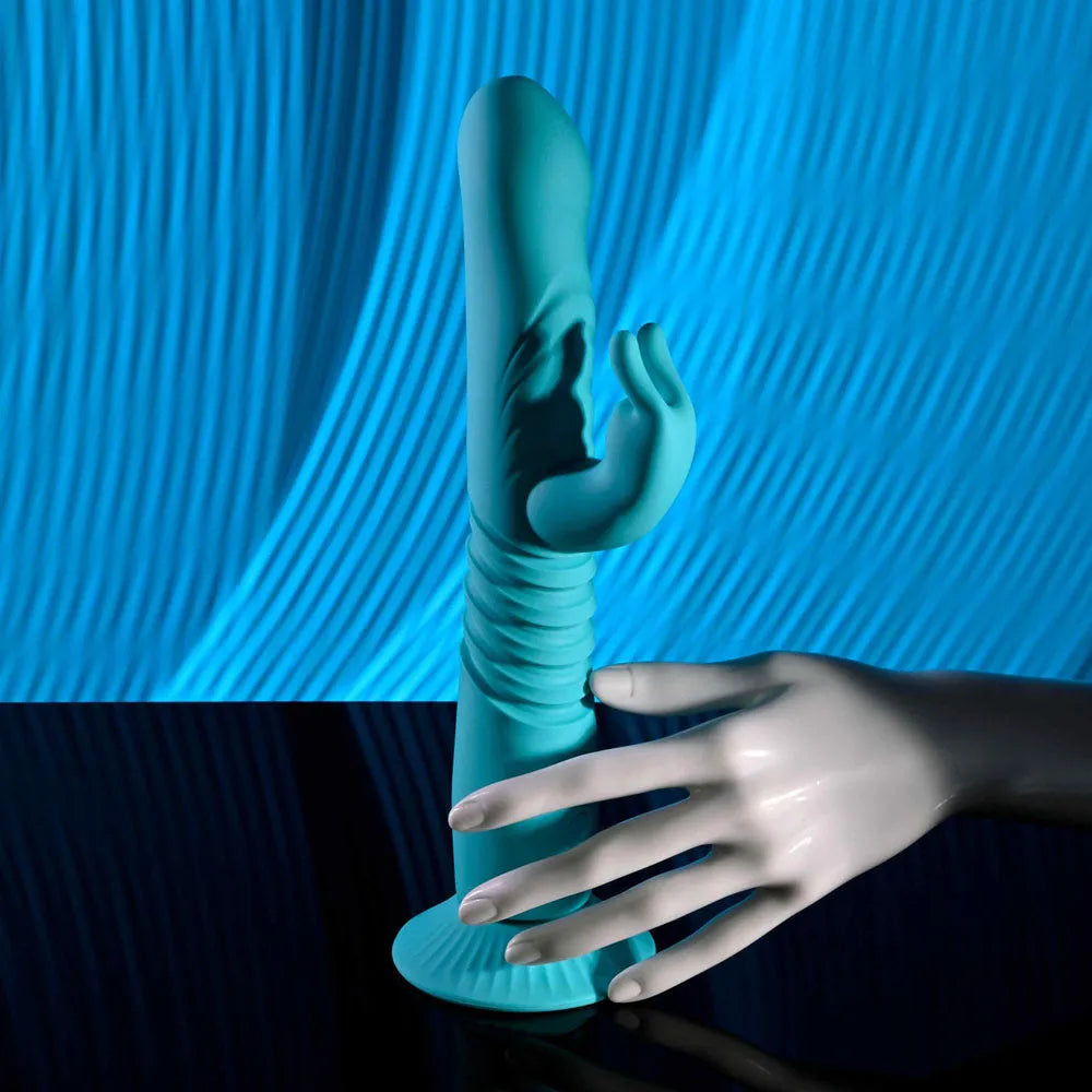 Evolved BUNNY HOP - Teal 25.1 cm USB Rechargeable Thrusting Rabbit Vibrator with Suction Base - Take A Peek