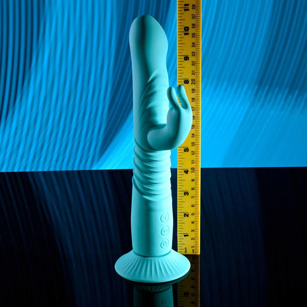 Evolved BUNNY HOP - Teal 25.1 cm USB Rechargeable Thrusting Rabbit Vibrator with Suction Base - Take A Peek