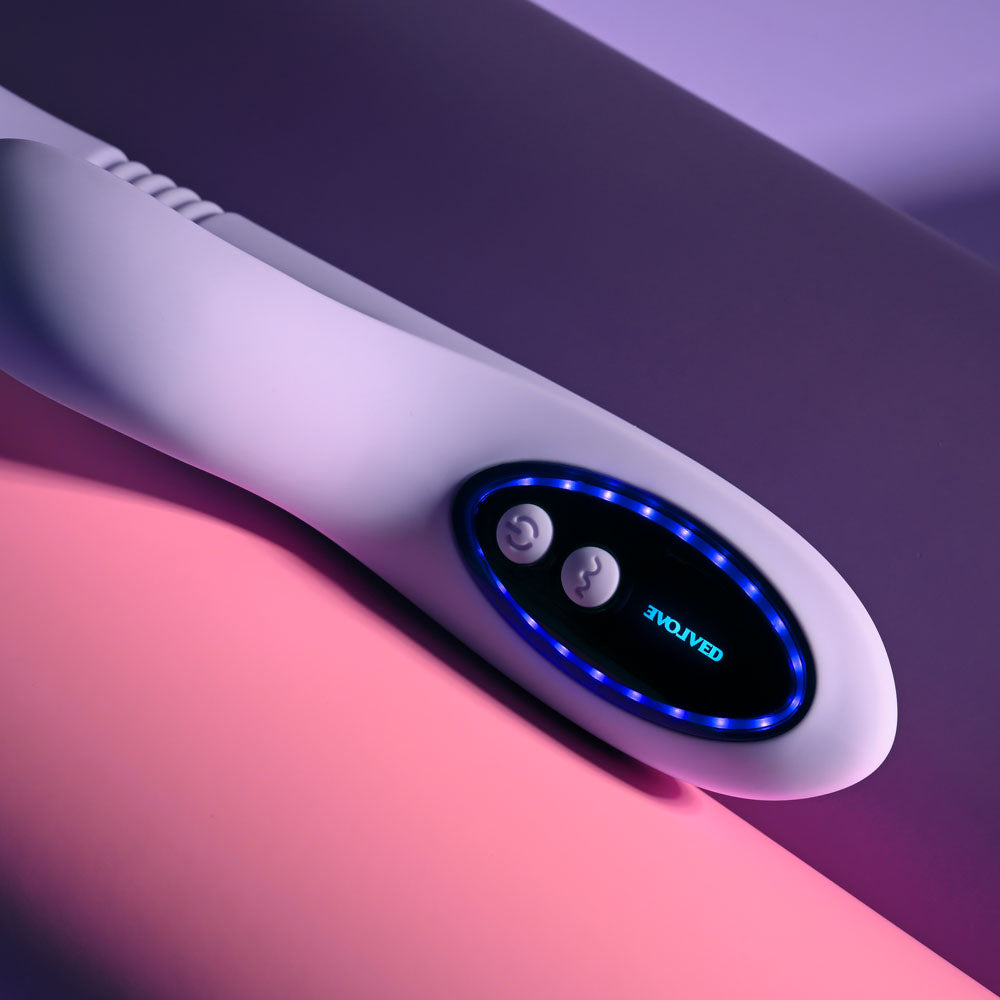 Evolved PEP TALK - 23.3 cm USB Rechargeable Thrusting Vibrator with Tapping Clitoral Stimulator - Take A Peek