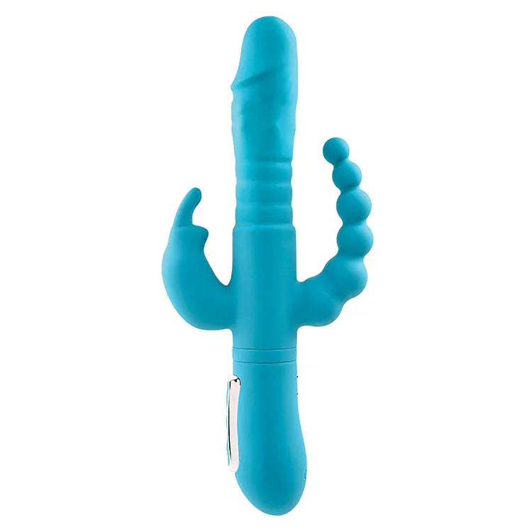 Adam & Eve THRUSTING TRIPLE JOY RABBIT - Teal 25.4 cm USB Rechargeable Rabbit Vibrator with Anal Probe - Take A Peek