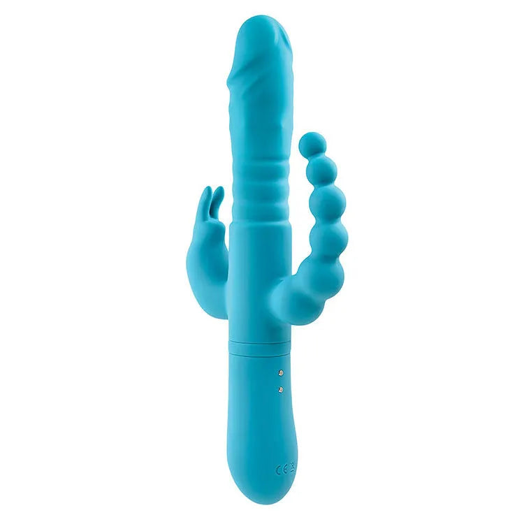 Adam & Eve THRUSTING TRIPLE JOY RABBIT - Teal 25.4 cm USB Rechargeable Rabbit Vibrator with Anal Probe - Take A Peek