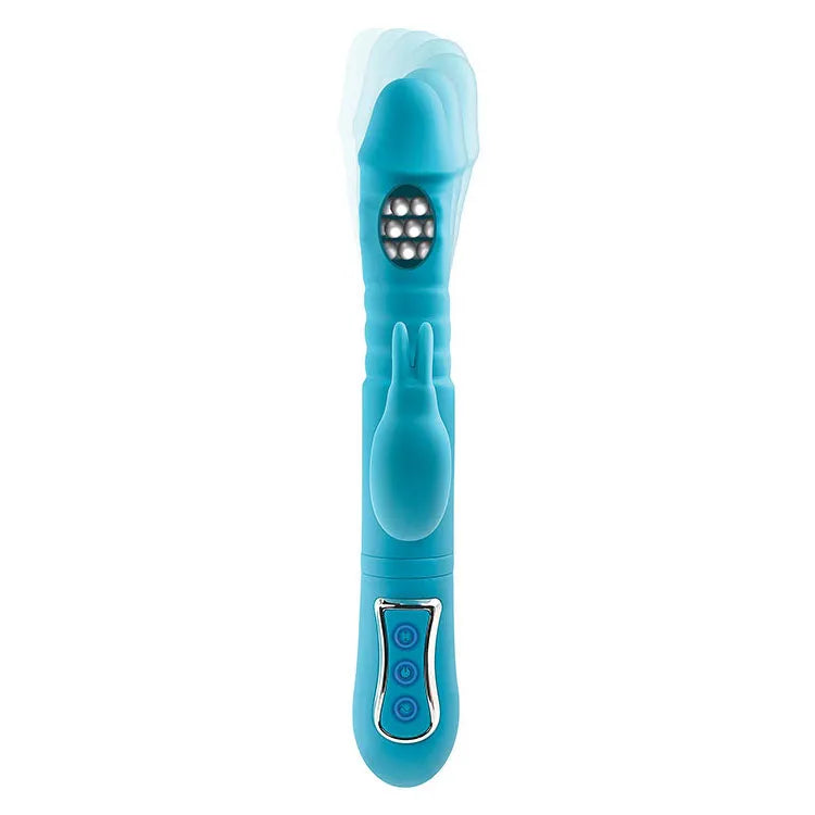 Adam & Eve THRUSTING TRIPLE JOY RABBIT - Teal 25.4 cm USB Rechargeable Rabbit Vibrator with Anal Probe - Take A Peek