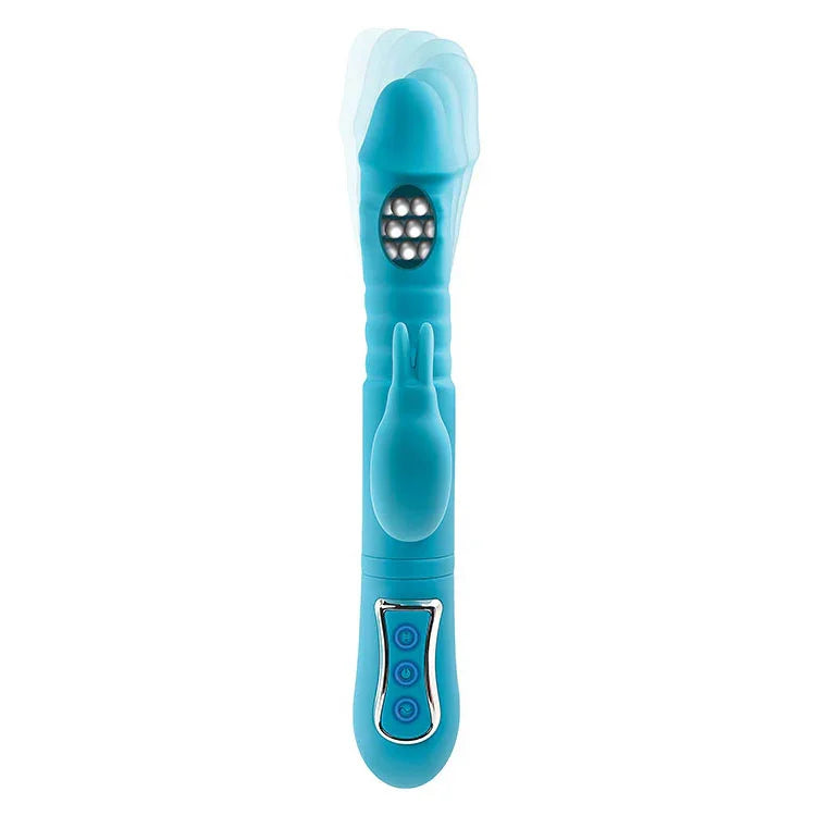 Adam & Eve THRUSTING TRIPLE JOY RABBIT - Teal 25.4 cm USB Rechargeable Rabbit Vibrator with Anal Probe - Take A Peek