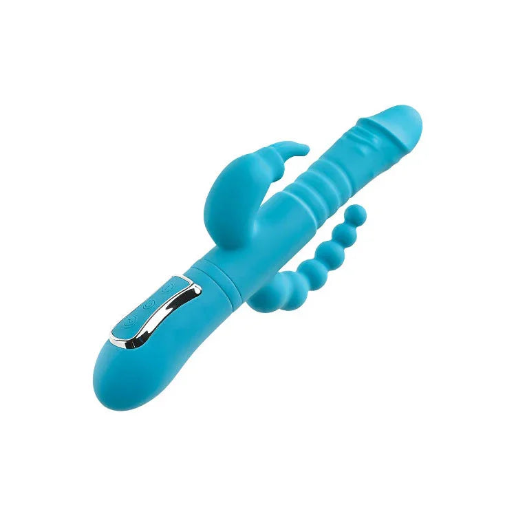 Adam & Eve THRUSTING TRIPLE JOY RABBIT - Teal 25.4 cm USB Rechargeable Rabbit Vibrator with Anal Probe - Take A Peek