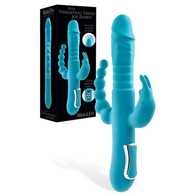 Adam & Eve THRUSTING TRIPLE JOY RABBIT - Teal 25.4 cm USB Rechargeable Rabbit Vibrator with Anal Probe - Take A Peek