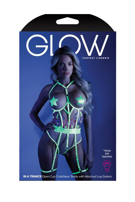 GLOW IN A TRANCE Open Cup Crotchless Teddy with Attached Leg Garters S/M - Take A Peek