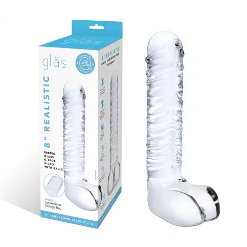 8" Realistic Ribbed Glass G-Spot Dildo With Balls - Take A Peek