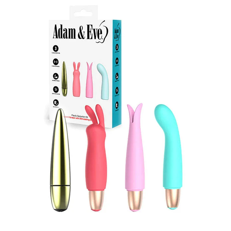 Adam & Eve PLAYFUL SEDUCTION KIT - USB Rechargeable Vibrator with 3 Interchangeable Sleeves - Take A Peek