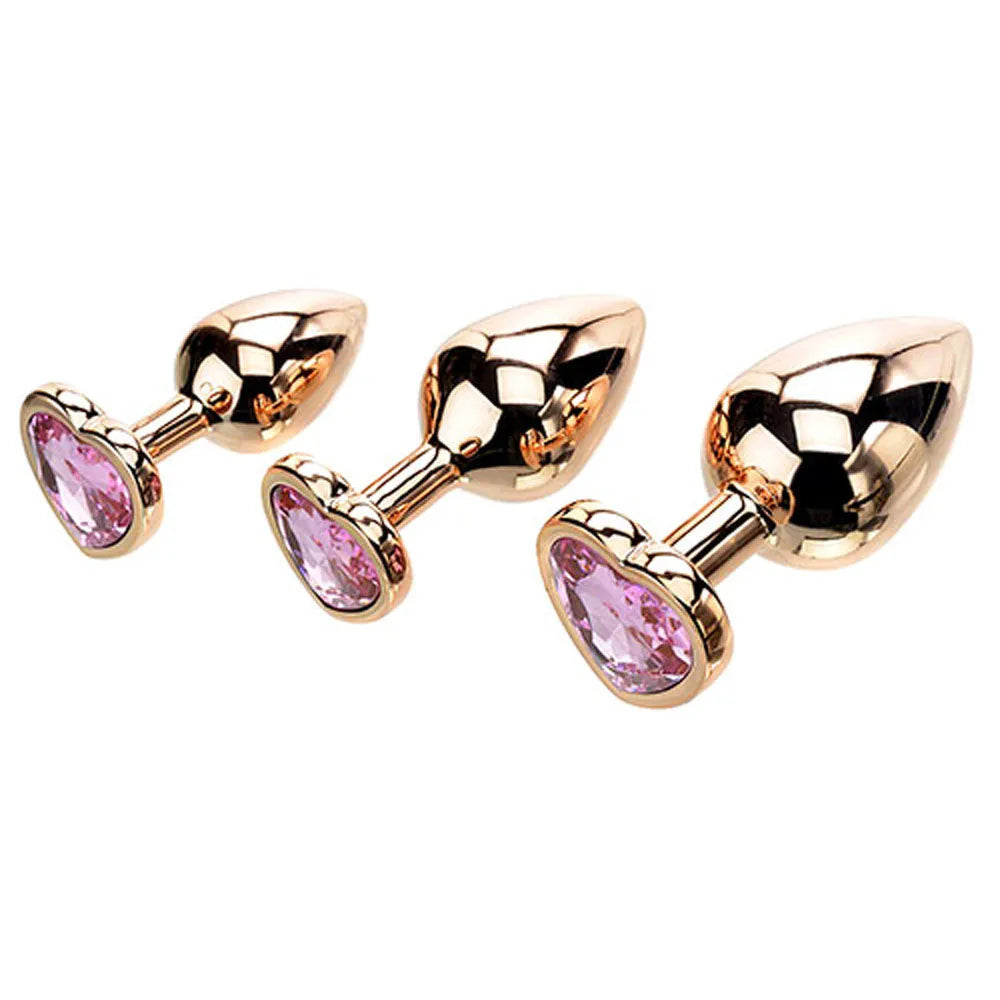 Adam & Eve HEART GEM ANAL TRAINING SET - Metal Anal Plugs with Pink Gem Bases - Set of 3 Sizes - Take A Peek