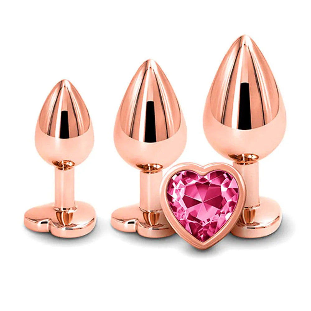 Adam & Eve HEART GEM ANAL TRAINING SET - Metal Anal Plugs with Pink Gem Bases - Set of 3 Sizes - Take A Peek