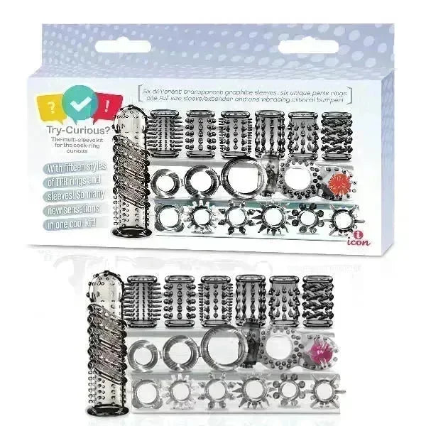 Try-Curious Cock Ring & Sleeve Set - Clear - 15 Piece Set - Take A Peek