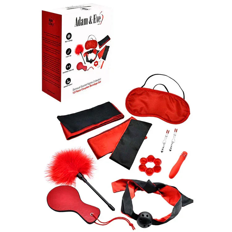 Adam & Eve SENSUAL SCARLET NIGHTS - Black/ Couples Bondage Kit - Set of 10 Pieces - Take A Peek