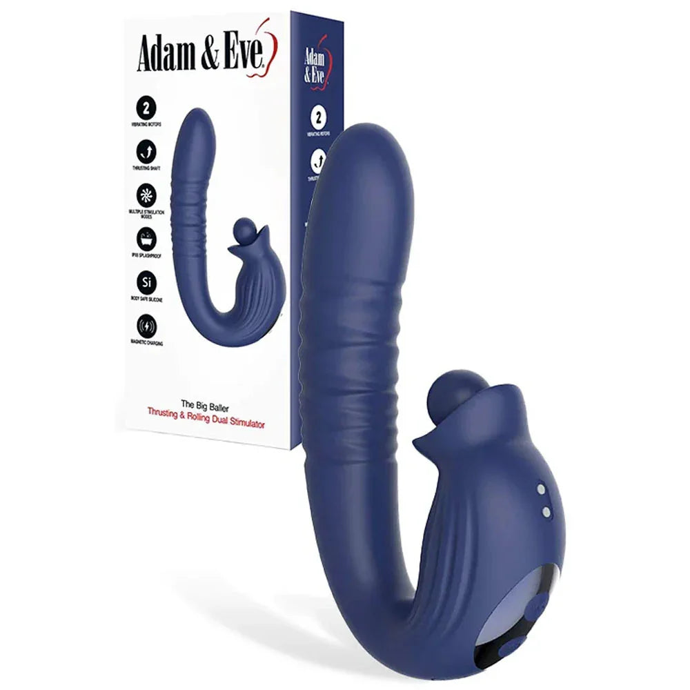 Adam & Eve THE BIG BALLER - Navy 18.8 cm USB Rechargeable Thrusting Rabbit Vibrator - Take A Peek