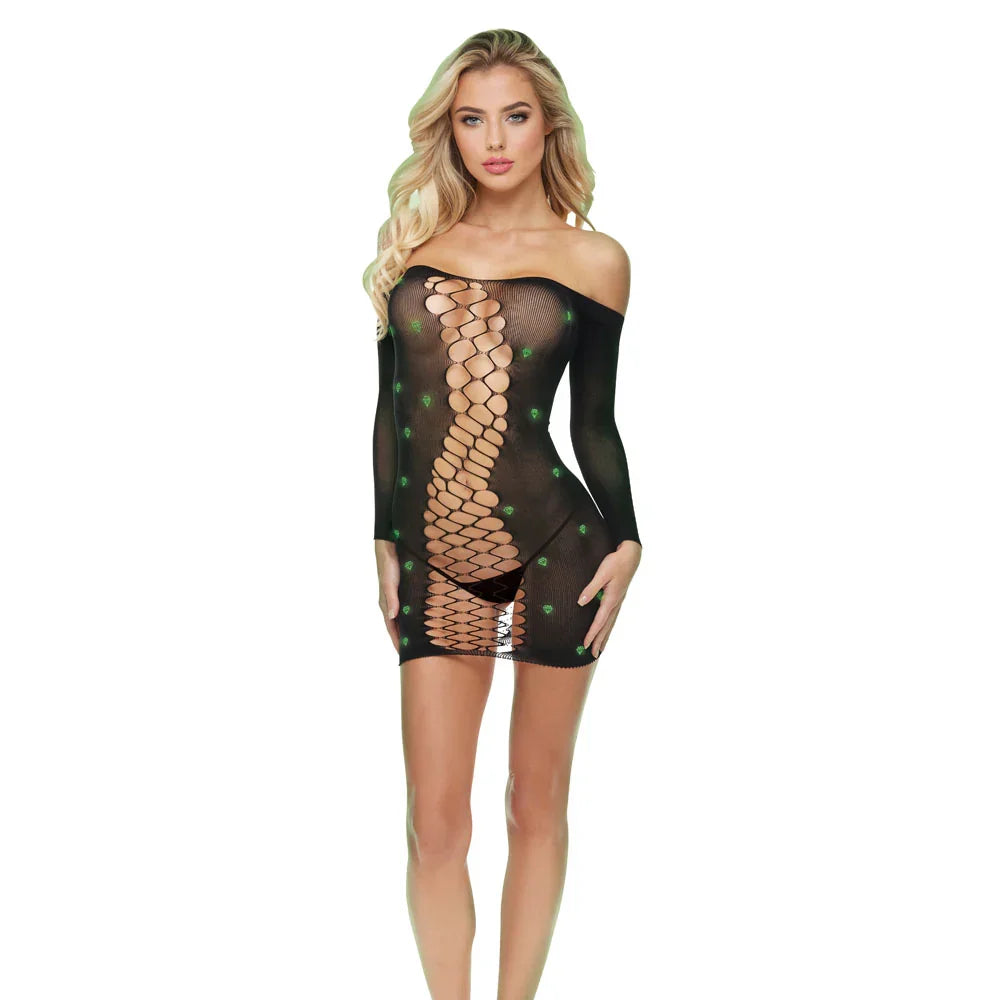 LAPDANCE Diamond Mesh Cutout Mini Dress - OS - Black with Glow in Dark Pattern - One Size