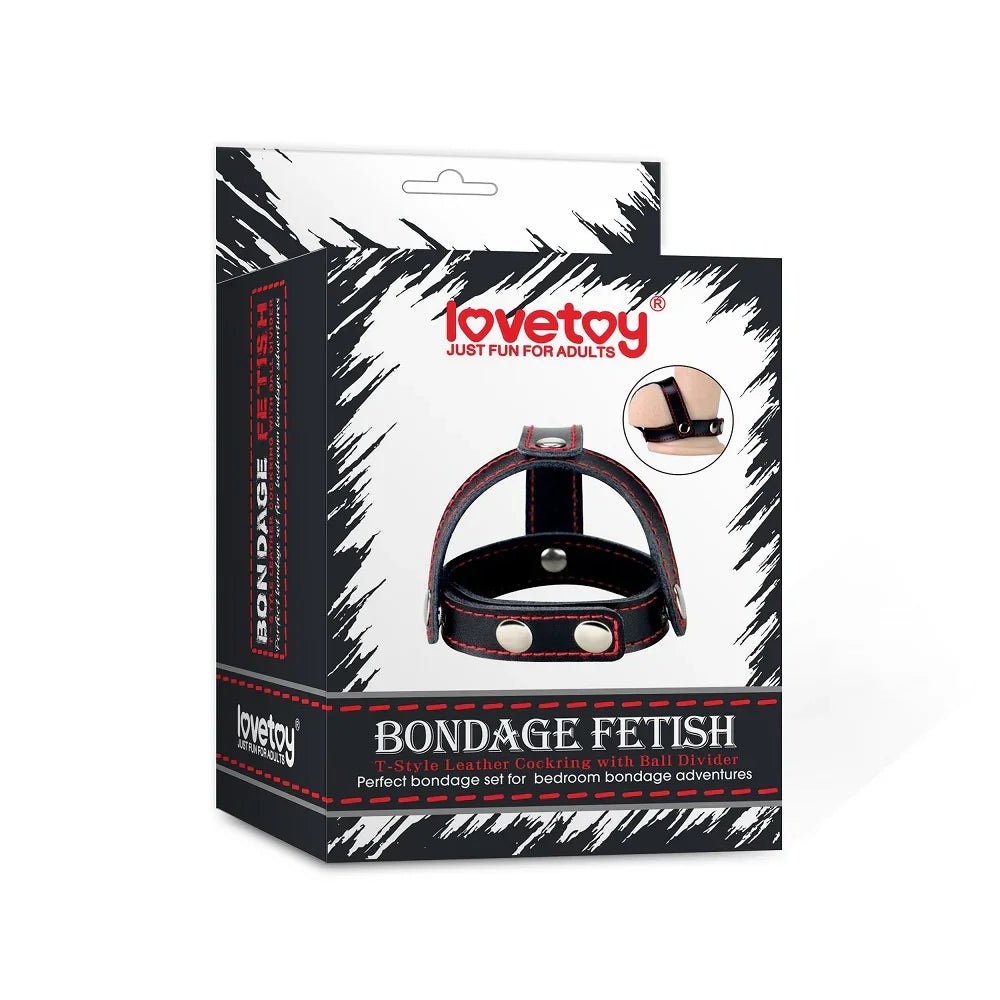 Bondage Fetish T-Style Leather Cock Ring with Ball Divider - Cock Ring - Take A Peek