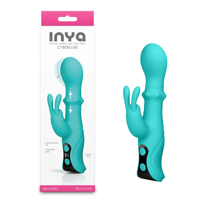 INYA Cyberluxe - Aqua - Aqua 18 cm USB Rechargeable Rabbit Vibrator with Sliding Ring Shaft - Take A Peek