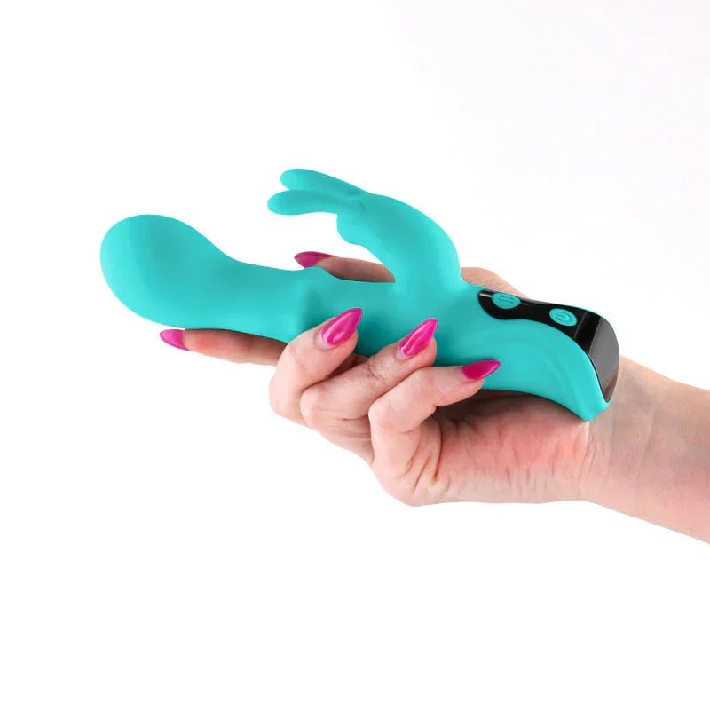 INYA Cyberluxe - Aqua - Aqua 18 cm USB Rechargeable Rabbit Vibrator with Sliding Ring Shaft - Take A Peek