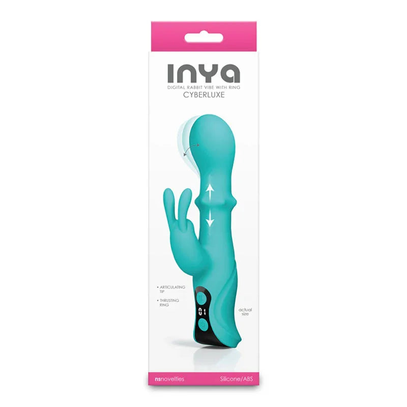 INYA Cyberluxe - Aqua - Aqua 18 cm USB Rechargeable Rabbit Vibrator with Sliding Ring Shaft - Take A Peek