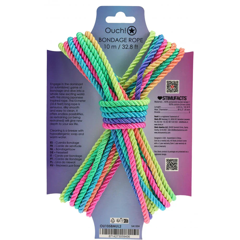 OUCH! Bondage Rope - 10 M - Multicolour 2 - Multicoloured Nylon Bondage Rope - 10 metre Length - Take A Peek