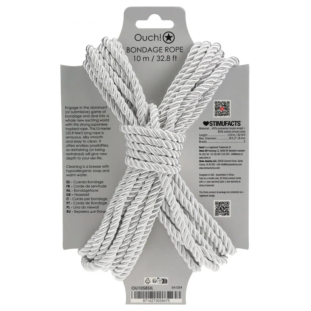 OUCH! Bondage Rope - 10 M - Silver - Silver Nylon Bondage Rope - 10 metre Length - Take A Peek