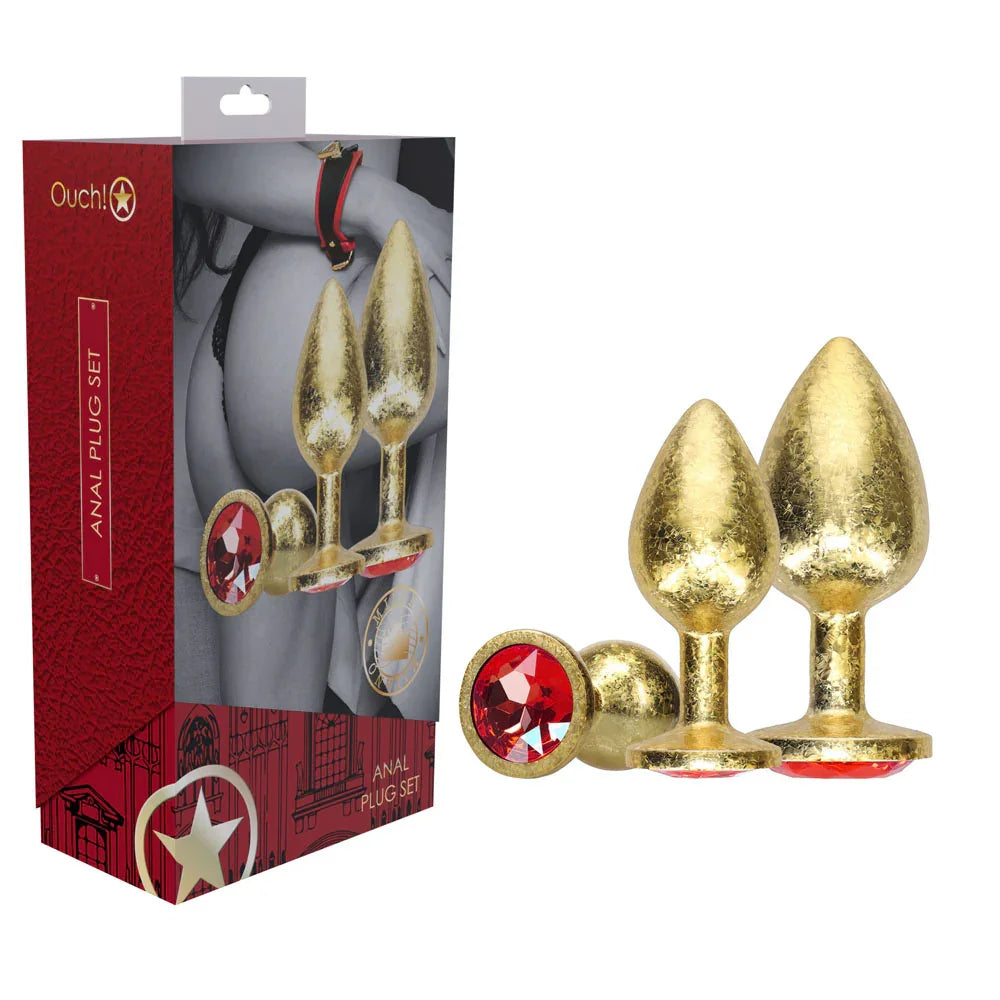 OUCH! Milan Collection - Metal Anal Plug Set - Gold - Gold Butt Plugs with Gem Bases - Set of 3 Sizes - Take A Peek