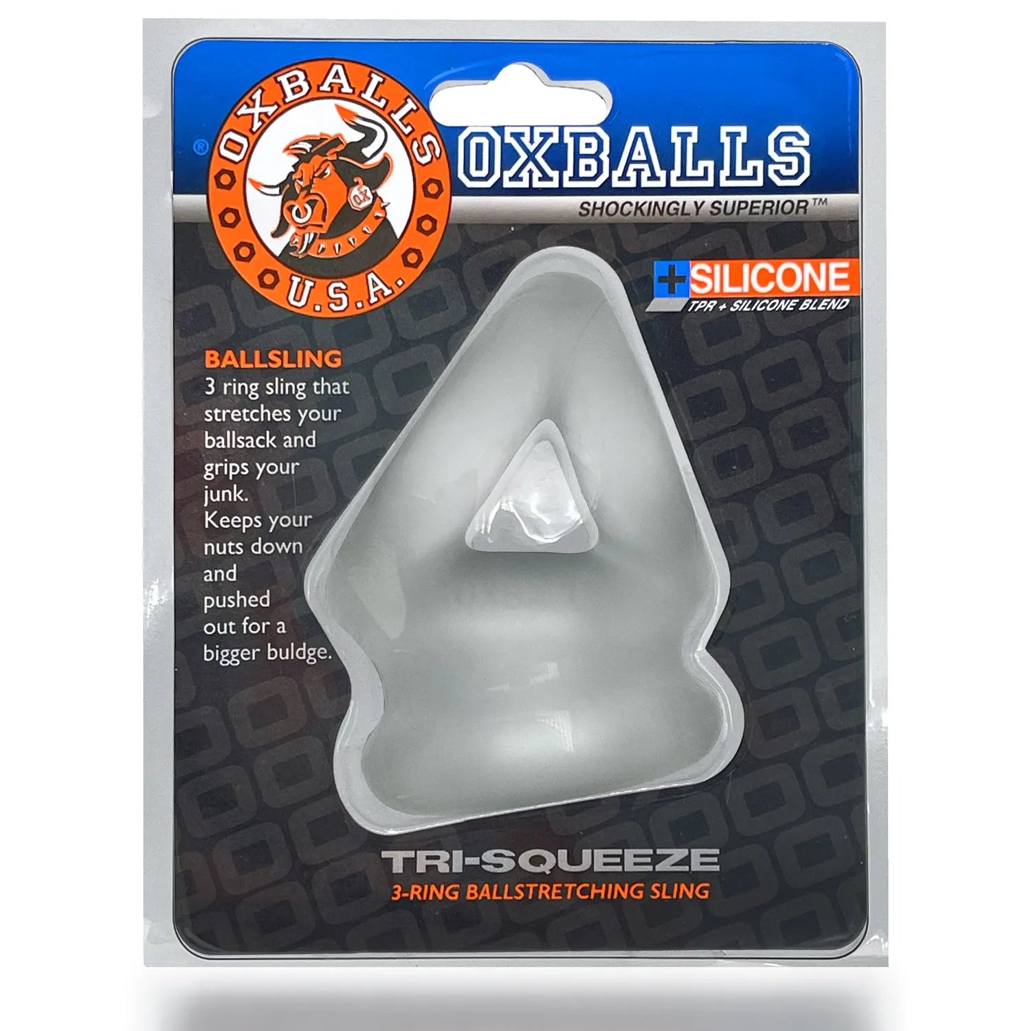 OXBALLS TRI-SQUEEZE 3-ring cocksling w/ extended ballstretcher base CLEAR ICE - Take A Peek