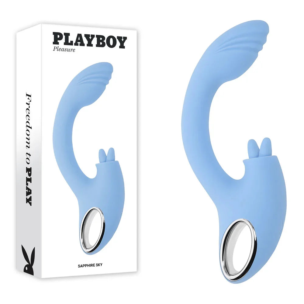 Playboy Pleasure SAPPHIRE SKY - 21.6 cm USB Rechargeable Vibrator with Double Tongue Stimulator - Take A Peek