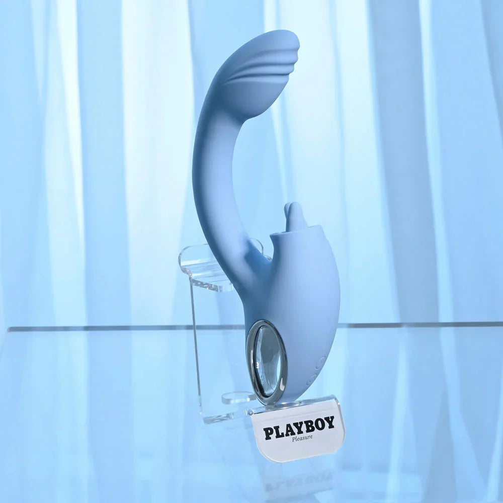Playboy Pleasure SAPPHIRE SKY - 21.6 cm USB Rechargeable Vibrator with Double Tongue Stimulator - Take A Peek