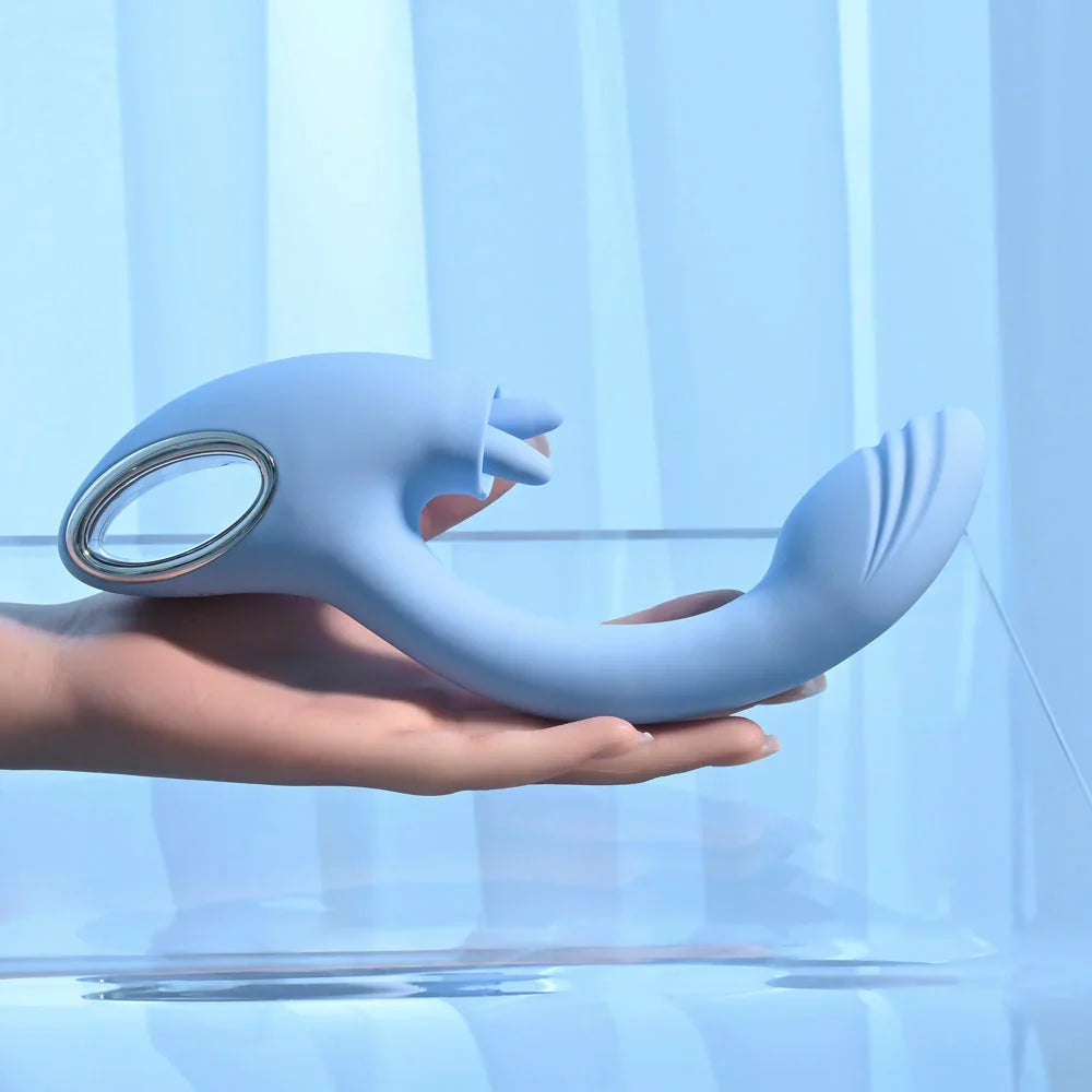 Playboy Pleasure SAPPHIRE SKY - 21.6 cm USB Rechargeable Vibrator with Double Tongue Stimulator - Take A Peek