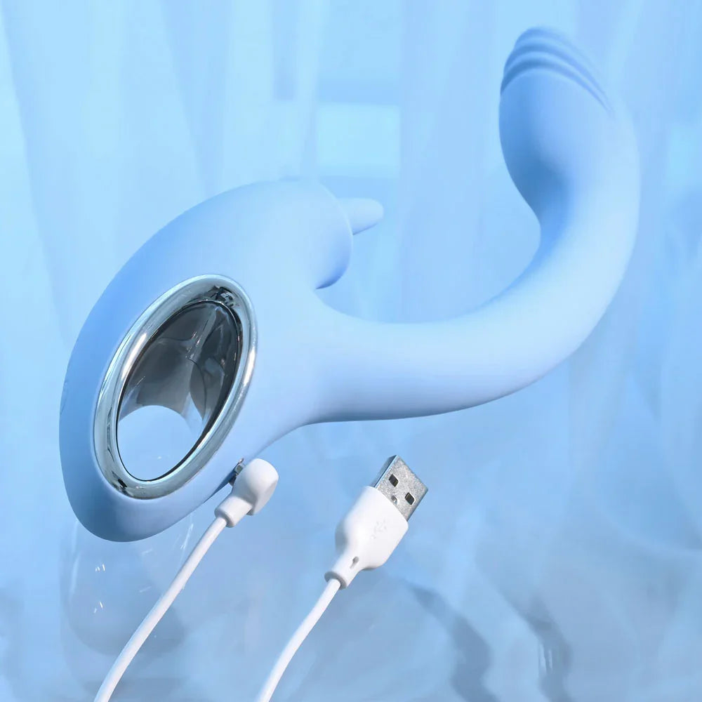 Playboy Pleasure SAPPHIRE SKY - 21.6 cm USB Rechargeable Vibrator with Double Tongue Stimulator - Take A Peek