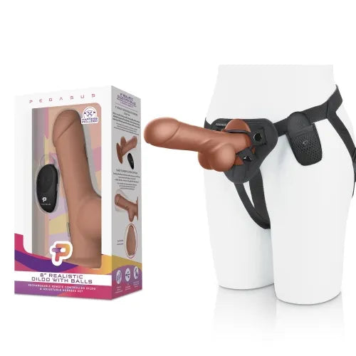 Pegasus 8” Remote Control Realistic Silicone dildo with balls and Harness included - Take A Peek
