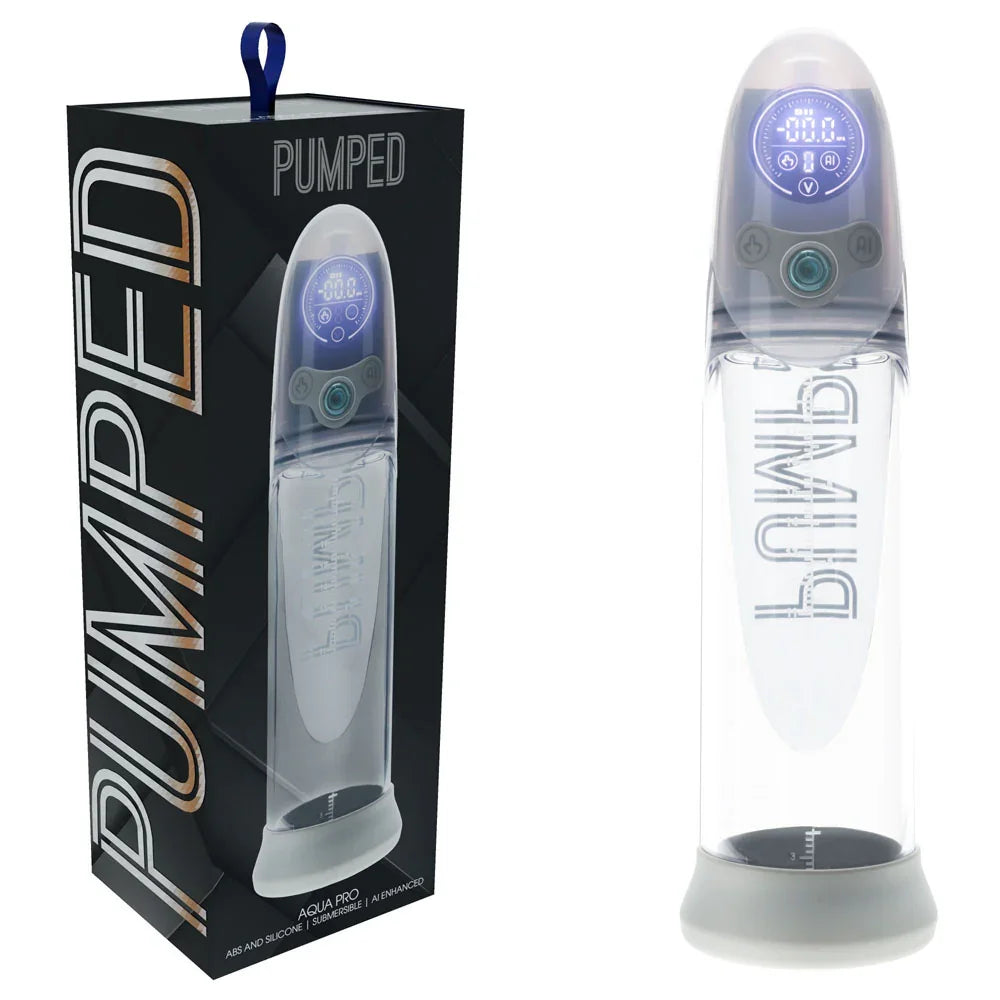 PUMPED Aqua-Pro Auto Pump - Grey - Grey/Clear USB Rechargeable AI-Enabled Submersible Auto Penis Pump - Take A Peek