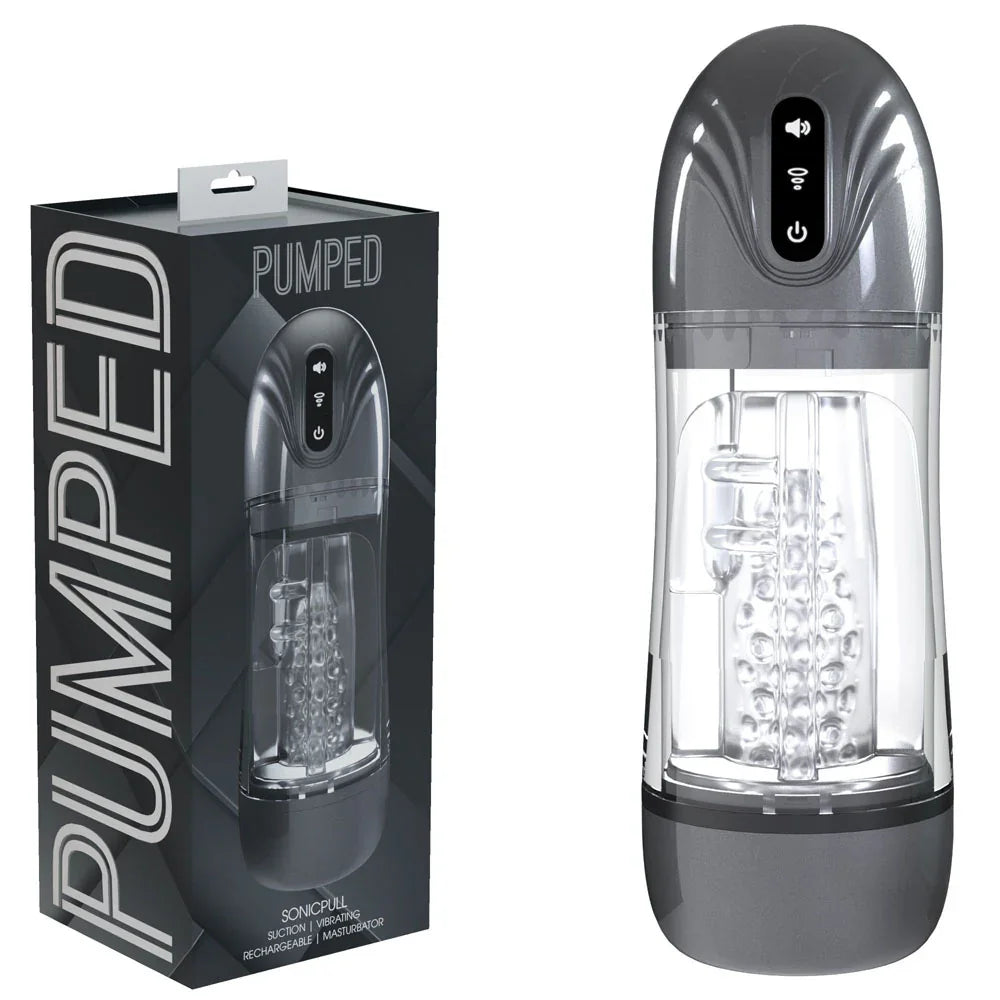 PUMPED SonicPull - Gunmetal - Gunmetal Grey/Clear USB Rechargeable Sucking And Vibrating Auto Masturbator - Take A Peek