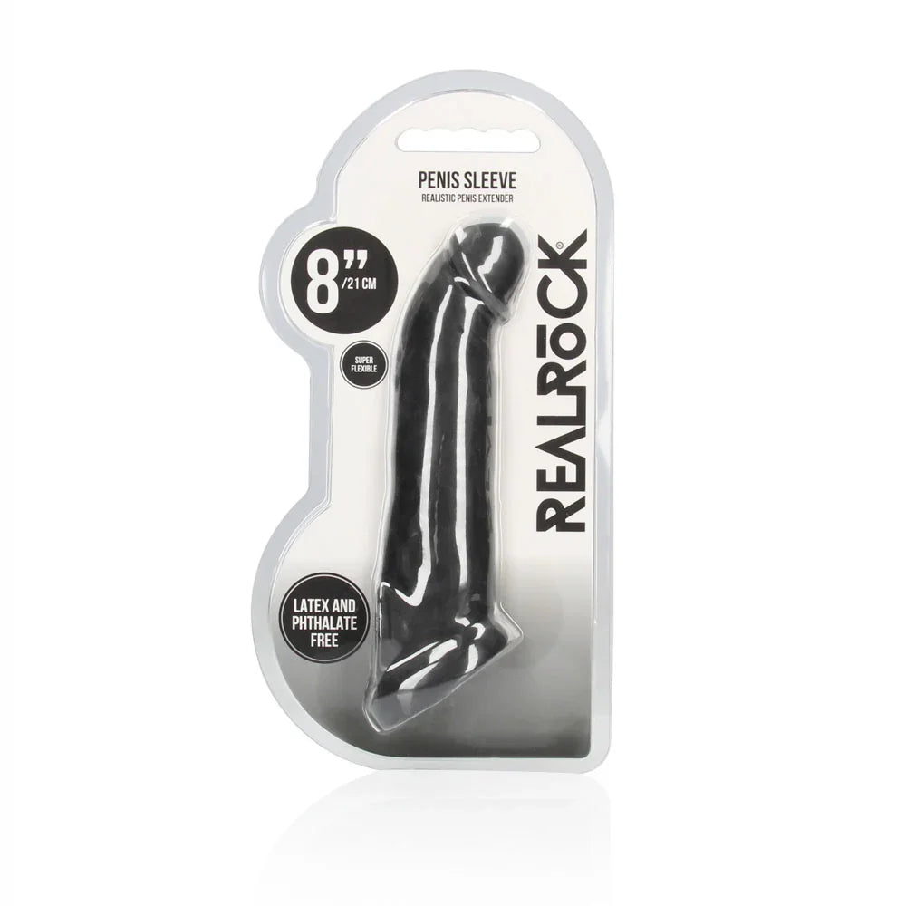 REALROCK 8'' Realistic Penis Extender with Rings - Black - Black 20.3 cm Penis Extension Sleeve