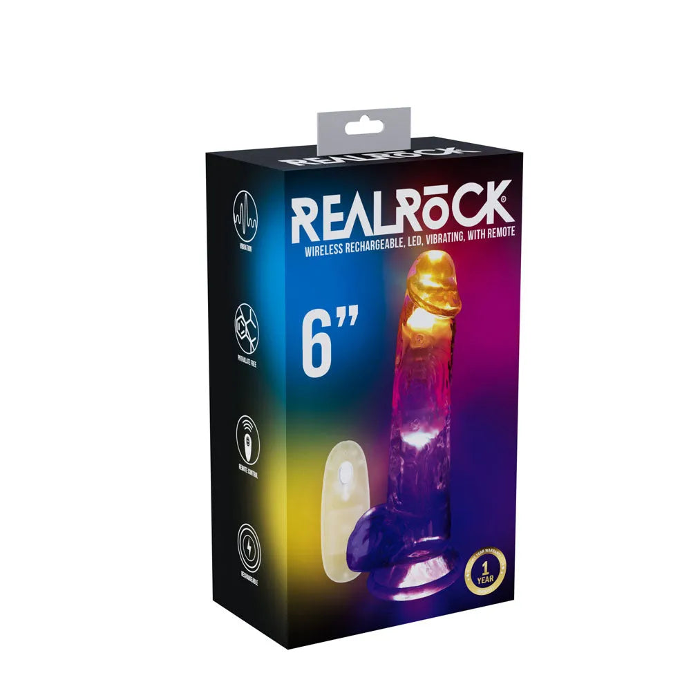 REALROCK 6'' with Balls Wireless Rechargeable LED Vibrating Dong - Clear with LED 16.2 cm USB Rechargeable Vibrating Dong with Remote - Take A Peek