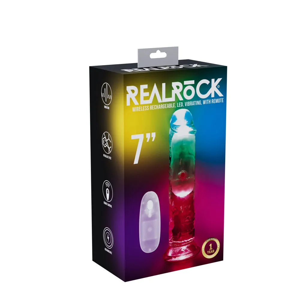 REALROCK 7'' No Balls Wireless Rechargeable LED Vibrating Dong - Clear with LED 20 cm USB Rechargeable Vibrating Dong with Remote - Take A Peek