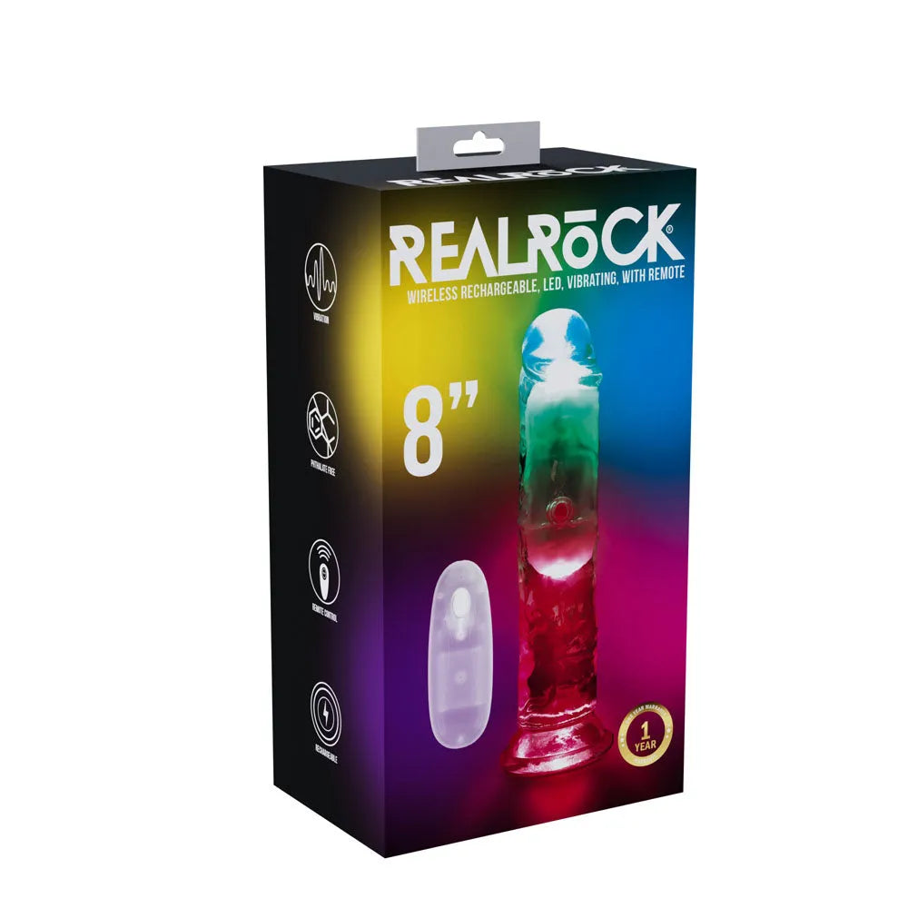 REALROCK 8'' No Balls Wireless Rechargeable LED Vibrating Dong - Clear with LED 22 cm USB Rechargeable Vibrating Dong with Remote - Take A Peek